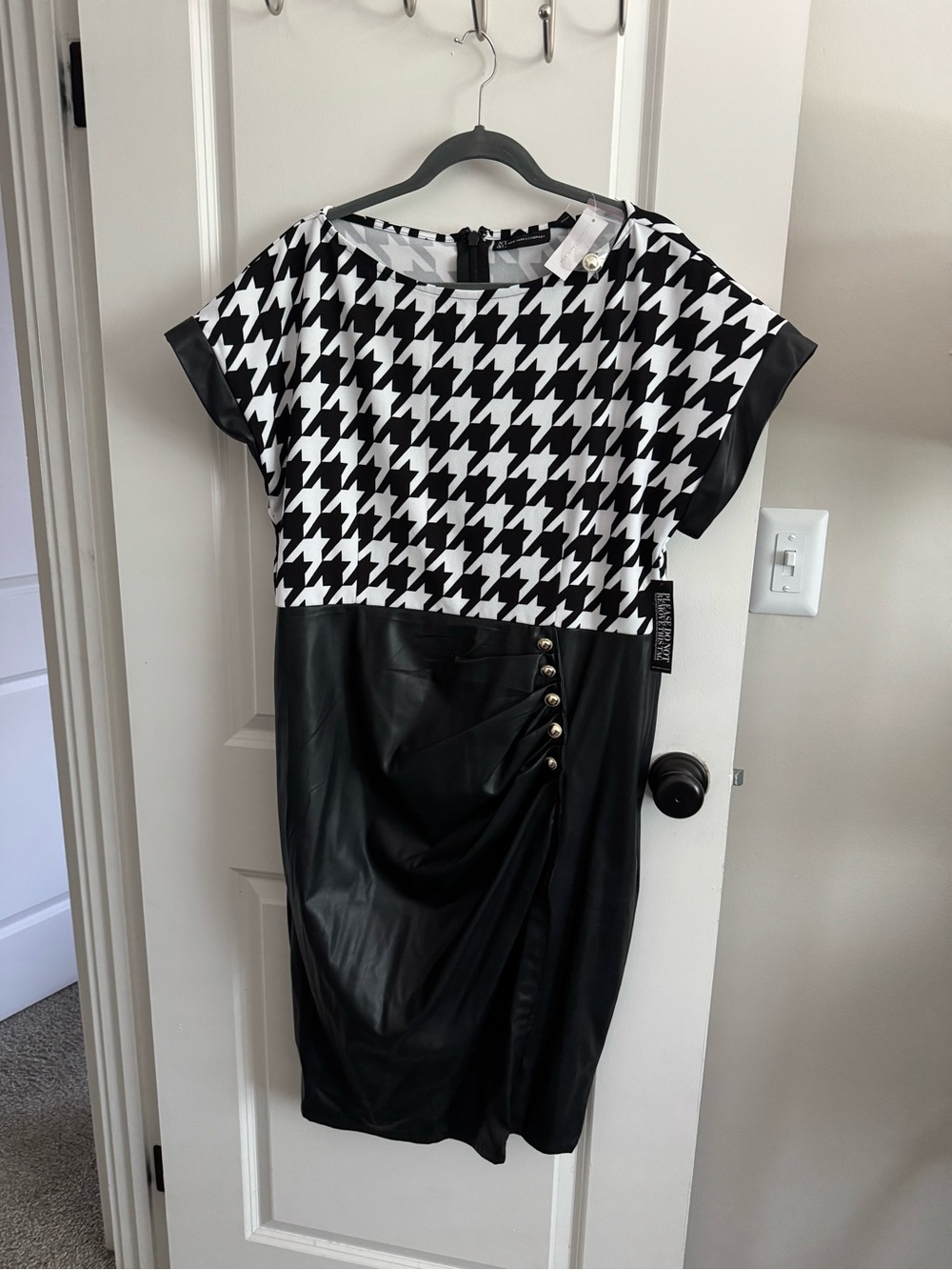 New York & Company Black and White Houndstooth Faux-Leather Midi Dress